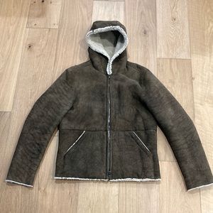 John Varvatos shearling hooded coat.  Size 50. I am a size medium. Fits great!
